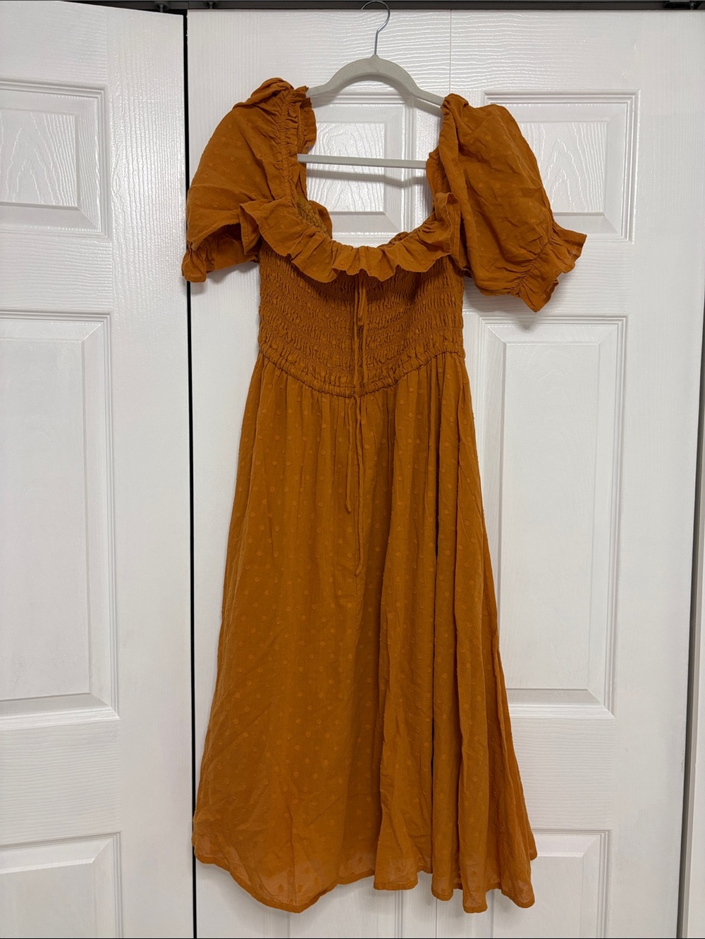 Smocked Puff-Sleeve Midi Dress in Rust